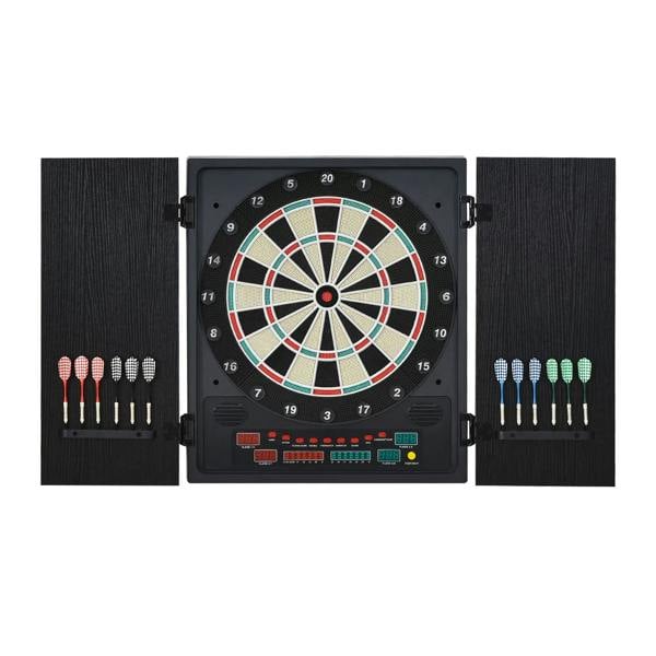Black electronic dartboard set with cabinet, target face, and 12 soft-tip darts stored on sides