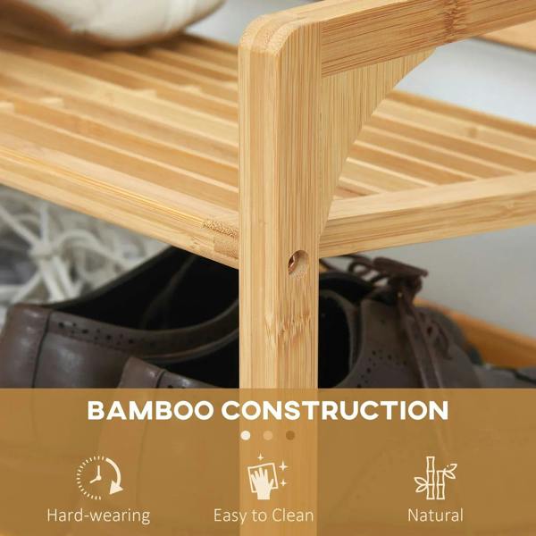 Bamboo shoe rack corner detail with slatted shelf and natural wood construction