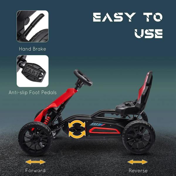 Red kids pedal go-kart with hand brake lever and anti-slip foot pedals