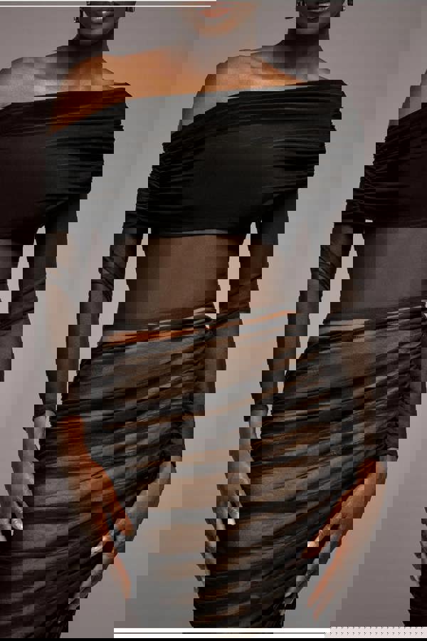 Gathered Bardot Asymmetric Mesh Panel Top - Black T272