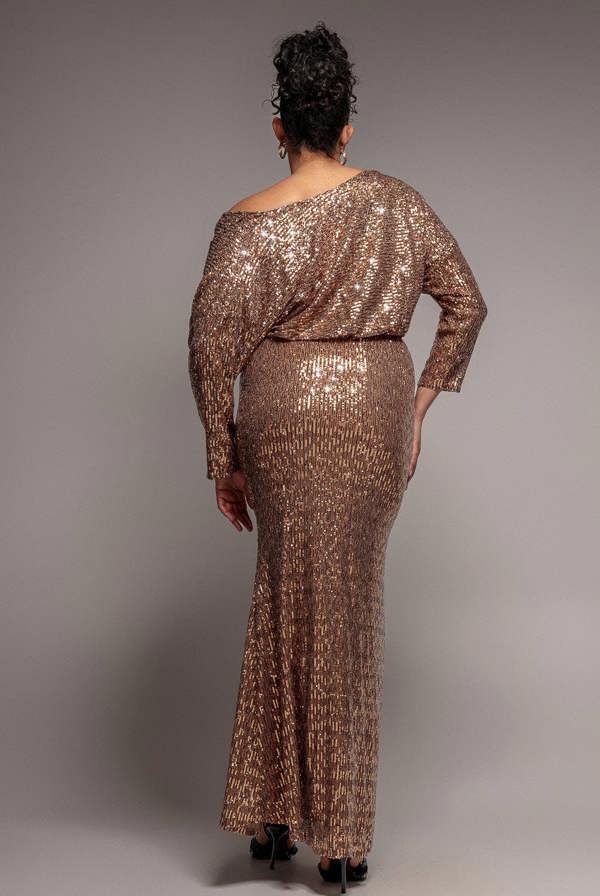Goddiva Plus Sequin Cowl Maxi Dress - Bronze by Goddiva Plus