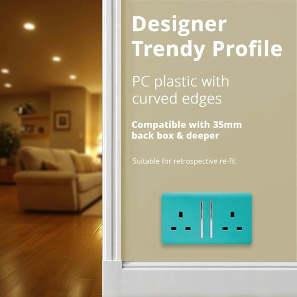 Trendi Switch 2 Gang Long Switched Plug Socket in Bright Teal