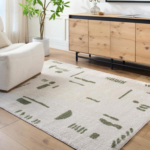 Livabliss Fossay Shag-Washable Beige Green Modern High Pile Rug