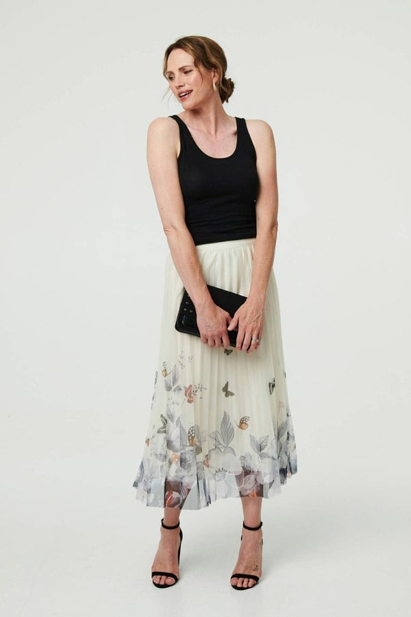 Beige | Butterfly Print Pleated Mesh Midi Skirt
