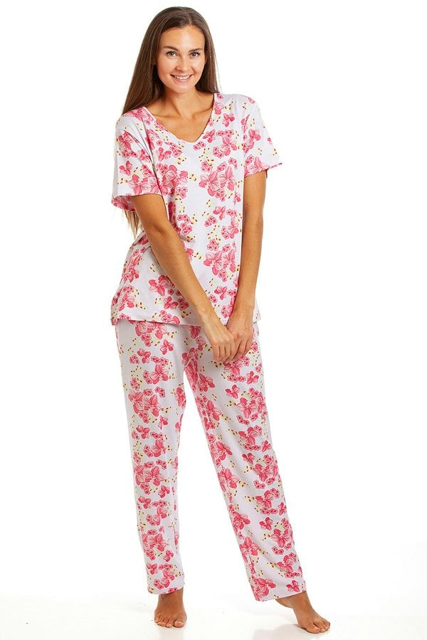 Camille Womens Pink Floral Spandex Full Length Pyjama Set