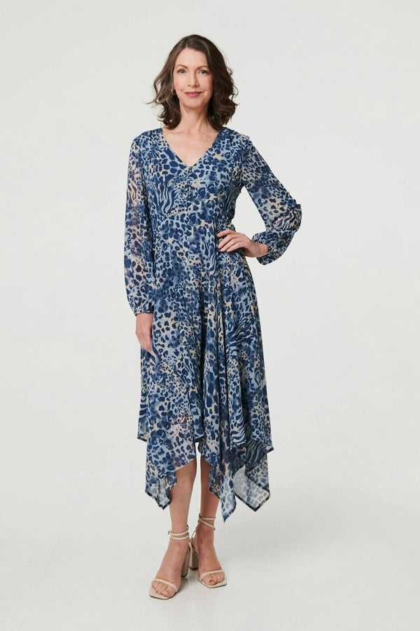 Blue | Animal Print Sheer Hanky Hem Midi Dress
