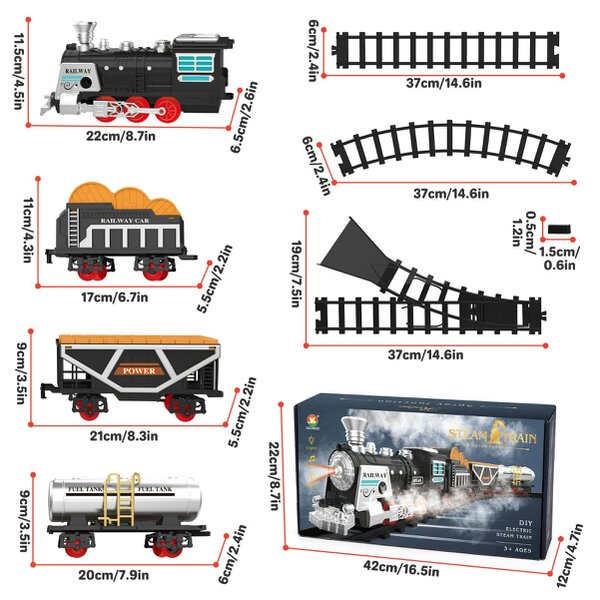deAO Toys deAO Electric Steam Train Playset with Track, Lights, Music & Smoke Classic Railway Locomotive Toy Black