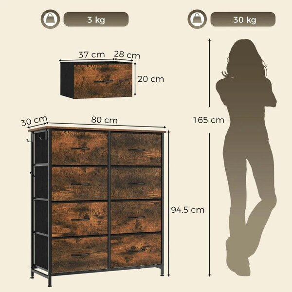 Chest of Drawers, Dresser for Bedroom with 8 Fabric Drawers, Tall Storage Unit w/ Side Storage Bag, Rustic Brown