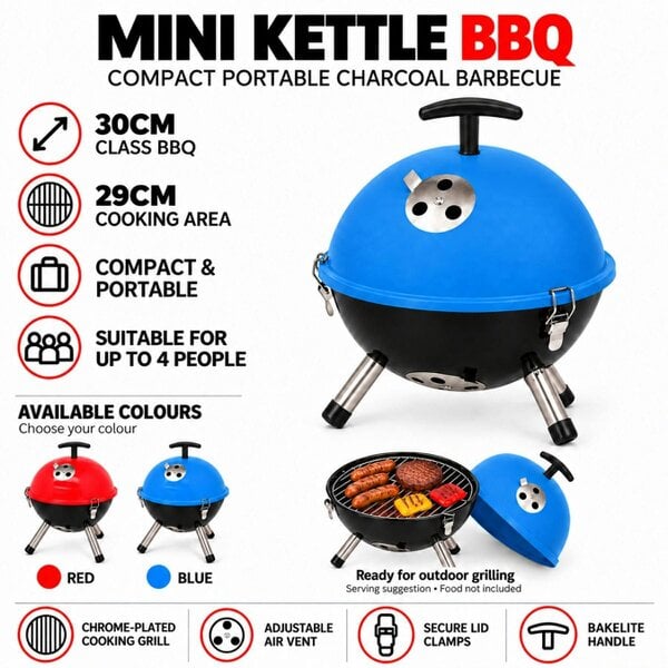 Smart Living Mini Kettle Charcoal BBQ 30cm - Blue