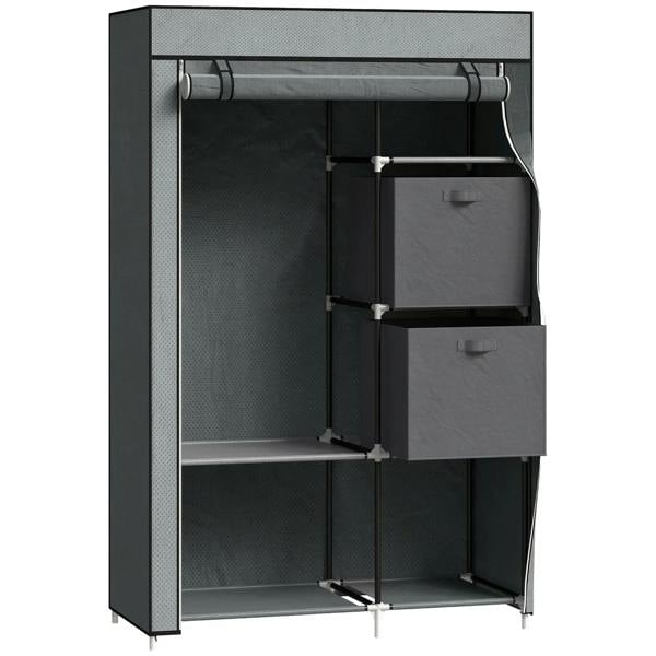 Dark grey fabric wardrobe with hanging rail and two stacked fabric drawers, open view