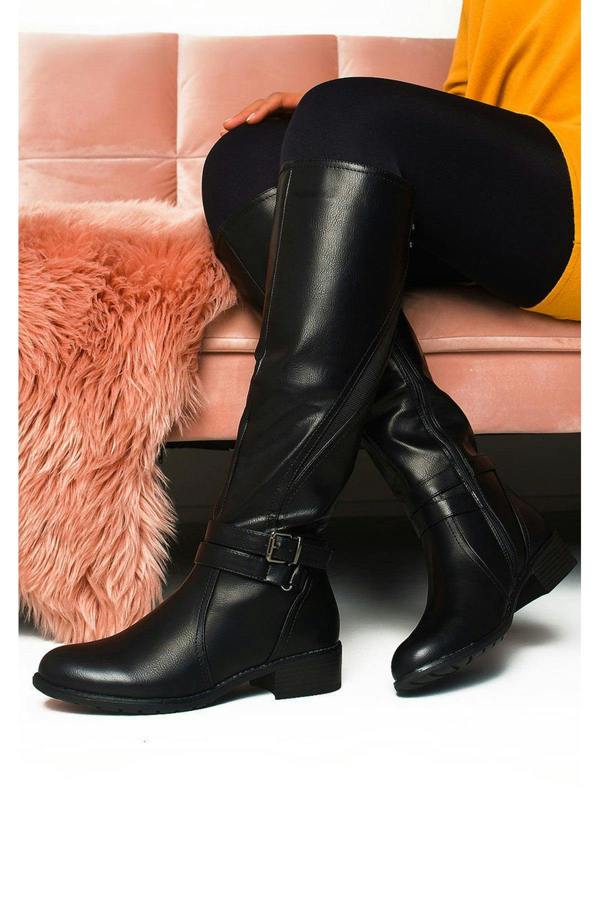 Nina Faux Leather Buckle Knee High Boots - Black