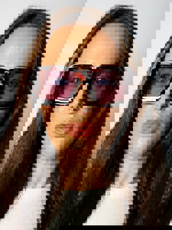 SVNX Oversized Square Frame in Brown Tortoiseshell with Purple Lenses