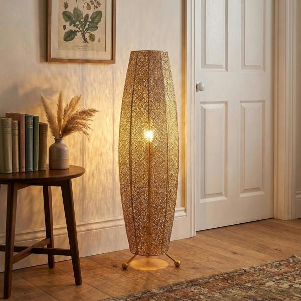 Traditional and Ornate Floral Moroccan Floor Lamp in Satin Gold Image 6
