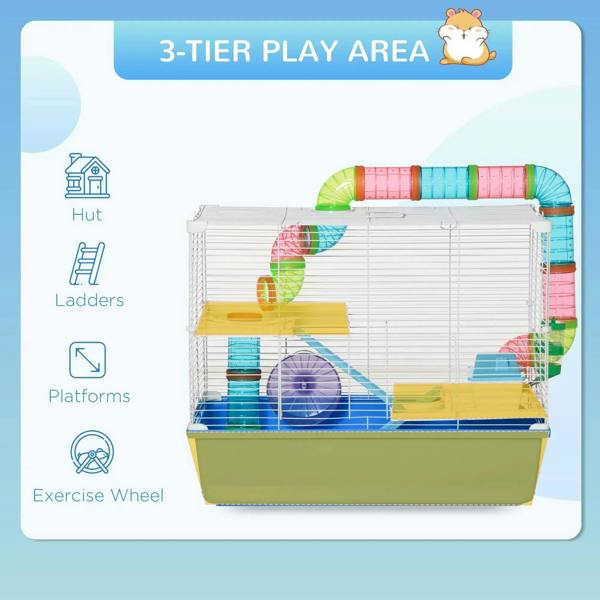 Three-tier play area hamster cage with colorful tubes and exercise wheel on a blue base