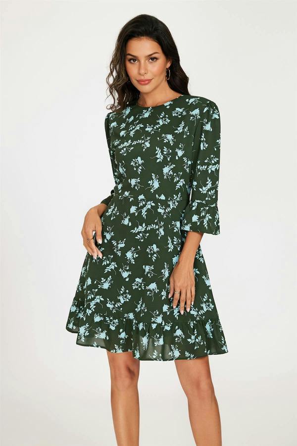 FS Collection Floral Print Frill Detail Mini Dress In Green