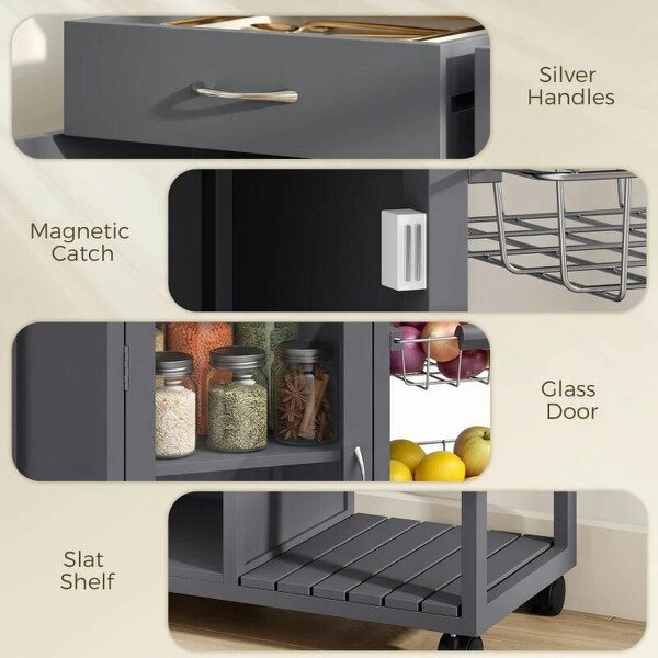Bamboo Kitchen Island, Rolling Kitchen Trolley with Glass Door, 2 Metal Wire Baskets and Adjustable Shelf, Grey