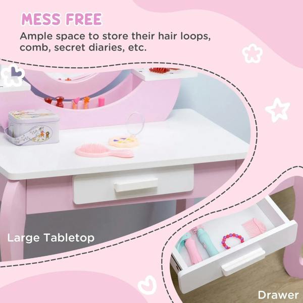 Pink kids dressing table set with curved vanity top, open drawer, and accessories