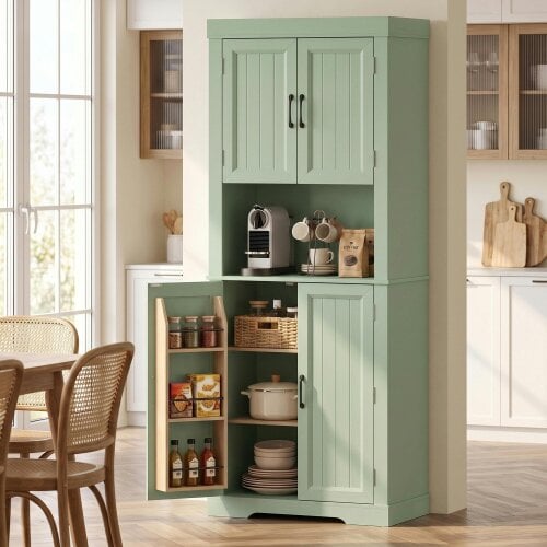 HOMCOM 183 cm Tall Kitchen Cupboard with Door Racks, Sage Green