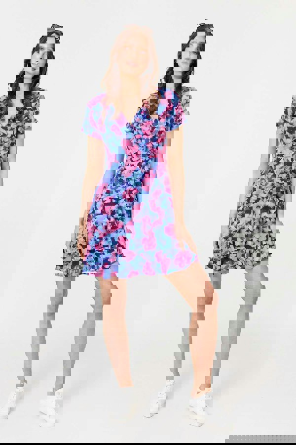 Blue | Floral Frill Faux Wrap Short Dress