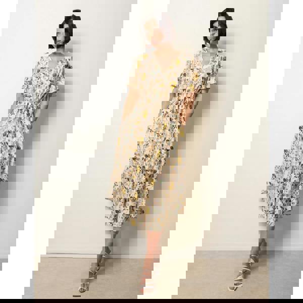 Blue Vanilla Leaf Print Tie Waist Shirt Midi Dress