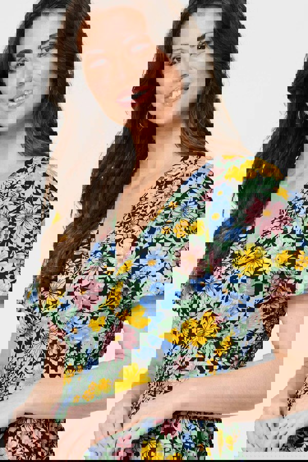 Yellow | Floral Puff Sleeve Cut Out Maxi Dress