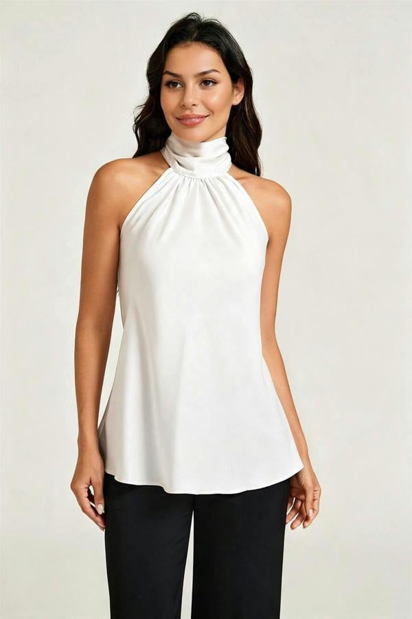 FS Collection Satin Halter Neck Tie Back Top In White