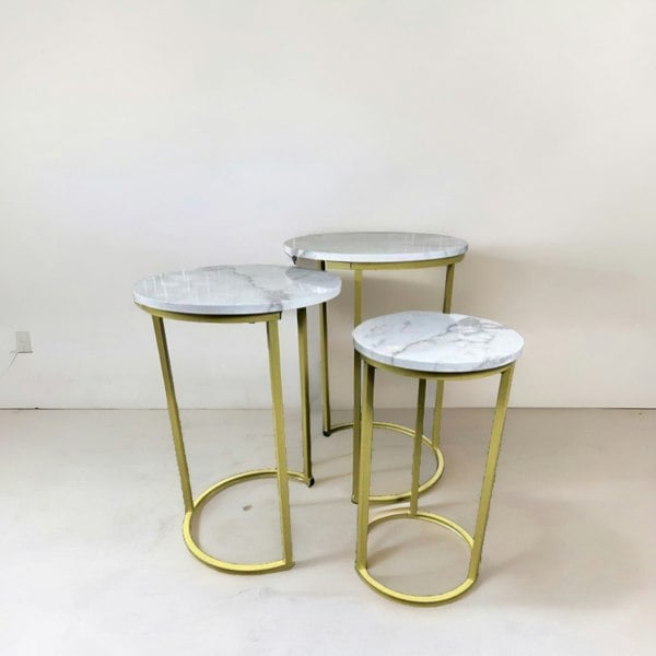 Rafaelo Mobilia Set Of 3 Gold Nesting Tables With Faux Marble Top