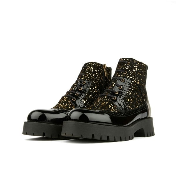 Embassy London Hatter Platform - Drops - Women's ankle boot in golden paint drops on black leather