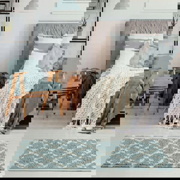 Diamond Design Thick Shaggy Area Rugs Duck Egg Blue