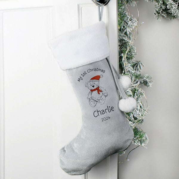 Personalised Memento Company Personalised My 1st Christmas Teddy Silver Grey Stocking