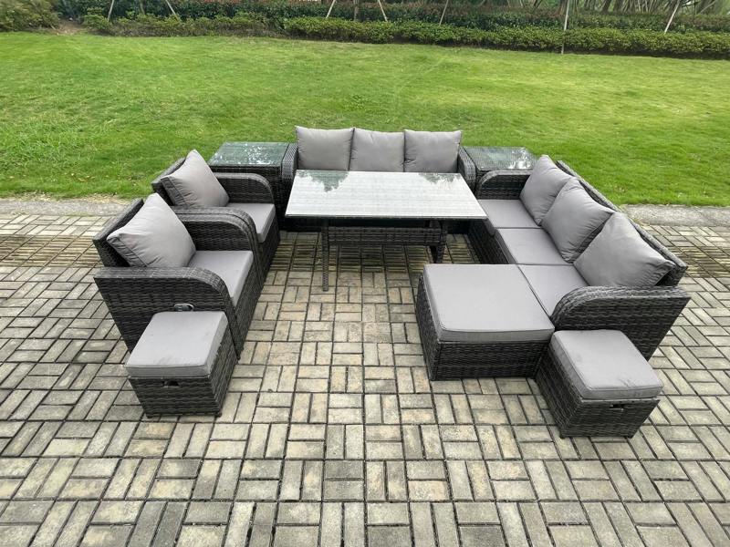 Fimous Wicker Rattan Garden Furniture Patio Set, Dining Table, Lounge Sofa, Adjustable Chair, 2 Side Tables, 3 Footstools, Dark Grey Mixed