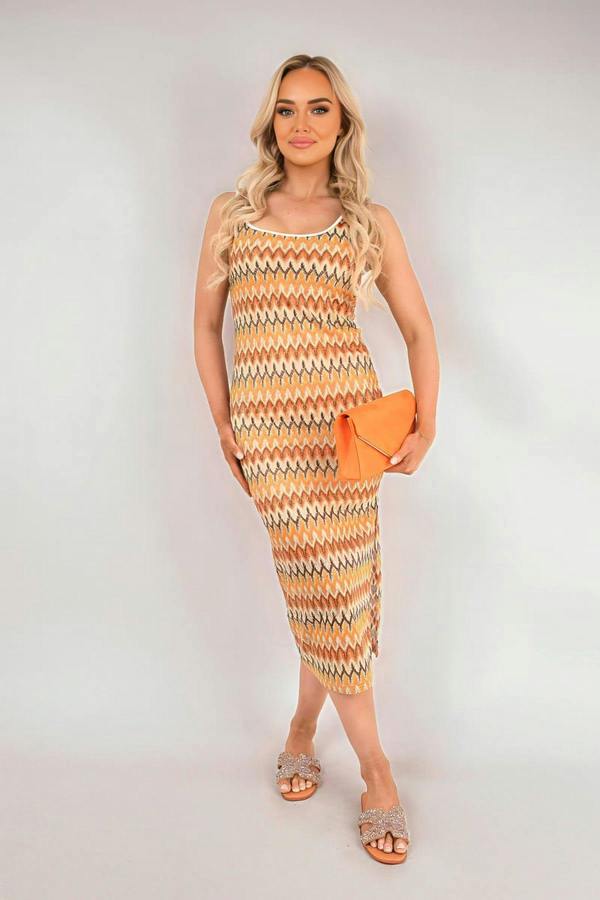 Cleo Sleeveless Scoop Neck Bodycon Midi Dress With Zig-zag Knit Detail - Orange
