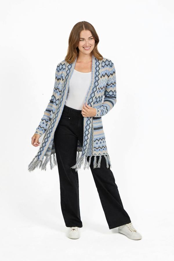 Mudflower Aztec Print Bordered Fringed Longline Cardigan