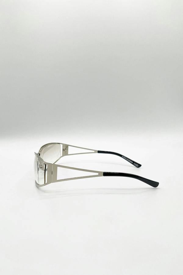 Retangle Wrap Around Metal Sunglasses In Silver - svnx