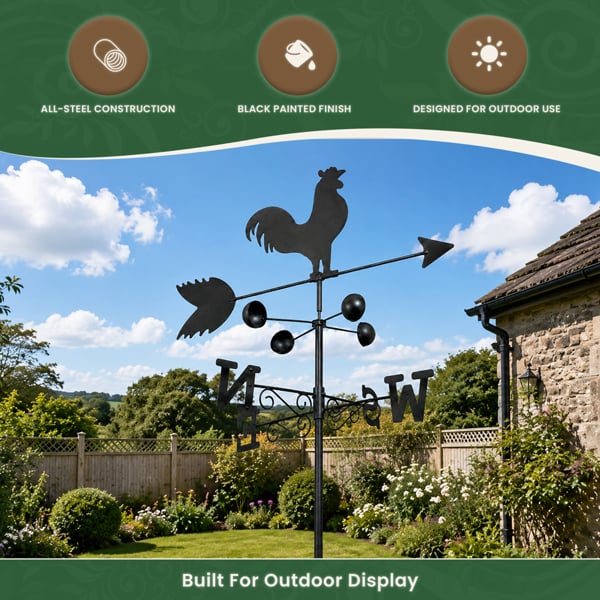 Cockerel Weathervane, All-Steel Black Painted Weather Vane With Wall Fixings and 1.7m Ground Spike, Wind Speed Cups
