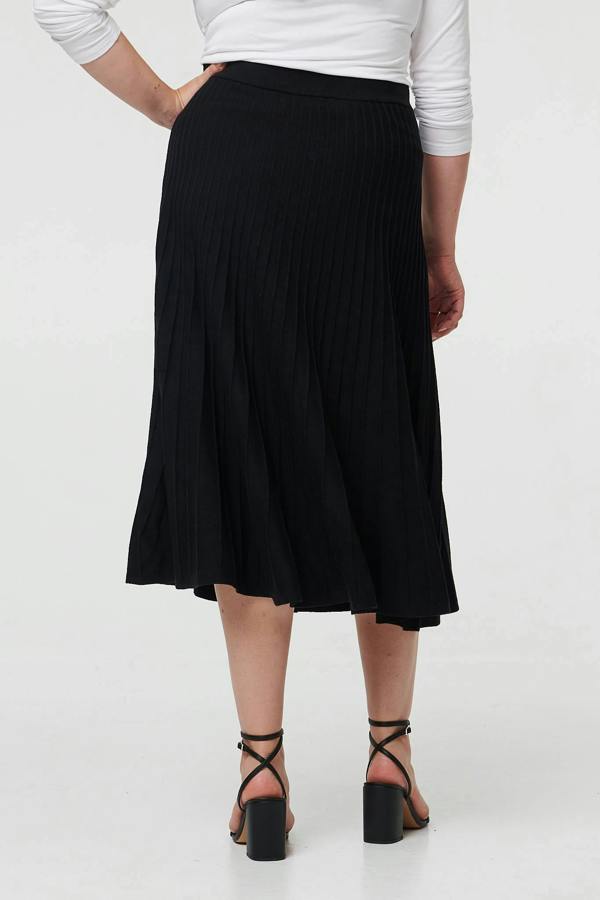 Black | Curve High Waist Pleated Knit Midi Skirt