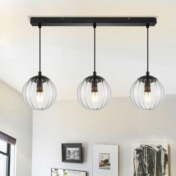 COSYLYTE Kingston 3 Light Ribbed Glass Pendant Light - Matt Black