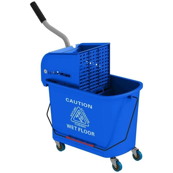Blue 20L mop bucket on wheels with wringer basket and water separation panel