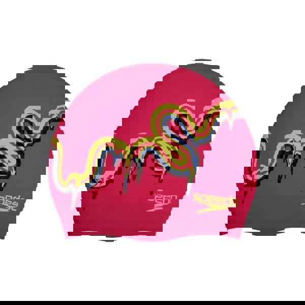 Pink Speedo junior slogan print silicone swim cap with colorful abstract design