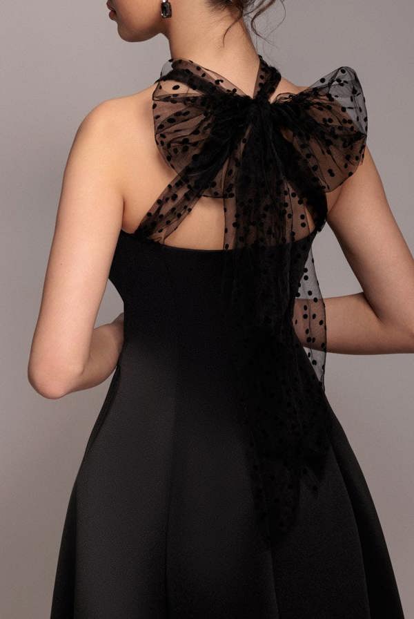 Scuba & Polka Mesh Bella Bow Multiway A-Line Midi Dress - Black DR4877