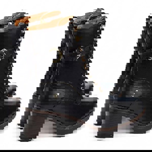 Pikolinos Llanes - Women’s Black Leather Mid-Heel Combat Ankle Boots