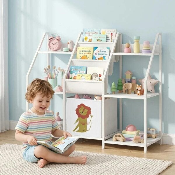 Kids Bookshelf and Toy Storage with 3-Tier Sling Book Rack and Fabric Drawer for Nursery, Bedroom, Playroom, White - White