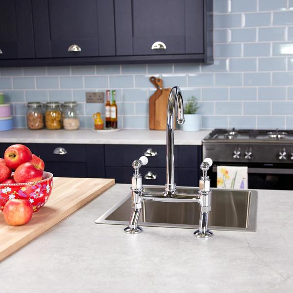 Flode Larvik | Kitchen Dual Lever Bridge Mixer Tap | Polished Chrome Finish
