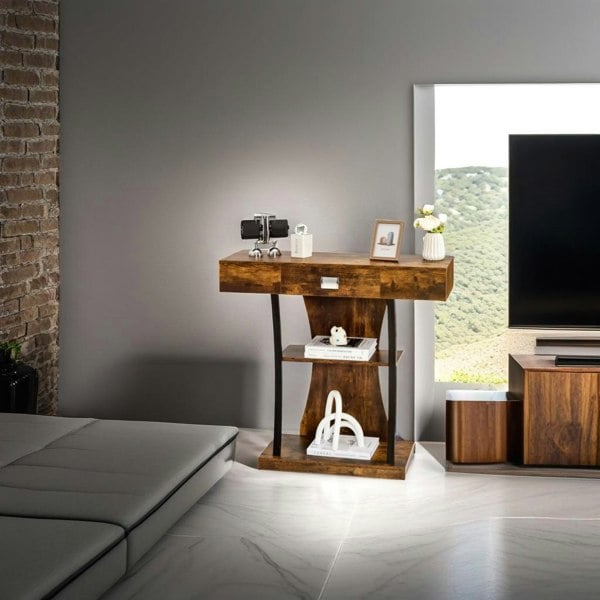 Modcraft Rustic Wooden T-Shaped Console Table with Drawer