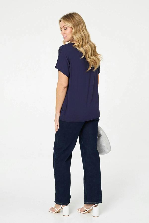 Navy | Diamante Detail Relaxed Short Sleeve Top