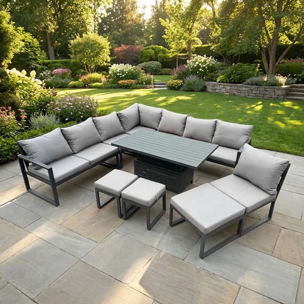 Fimous 10 Seater Aluminium Garden Furniture Set with Adjustable Rising Dining Table & 3 Footstools - Dark Grey