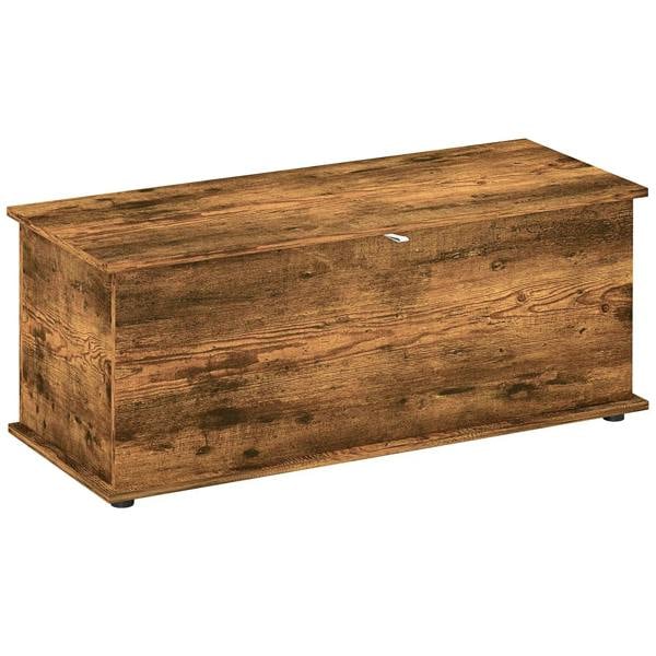 Rustic brown wooden storage chest with flip-top lid and metal hinges