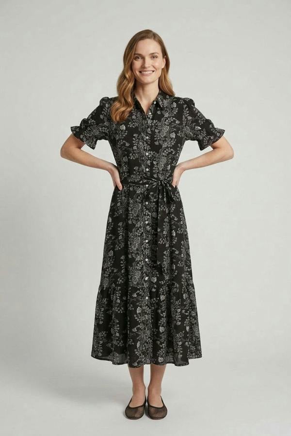 Black | Floral Short Sleeve Tie Shirt Midi Dress