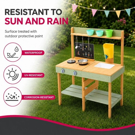 Neo Kids Wooden Outdoor Mud Kitchen Water Tap Sink Chalkboard