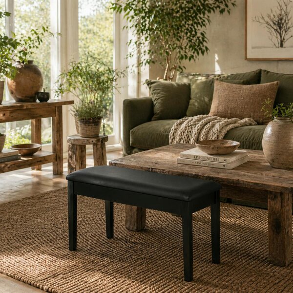 Wyld Haus Ziyo Faux Leather Black Piano Bench With Padded Seat And Storage Compartment